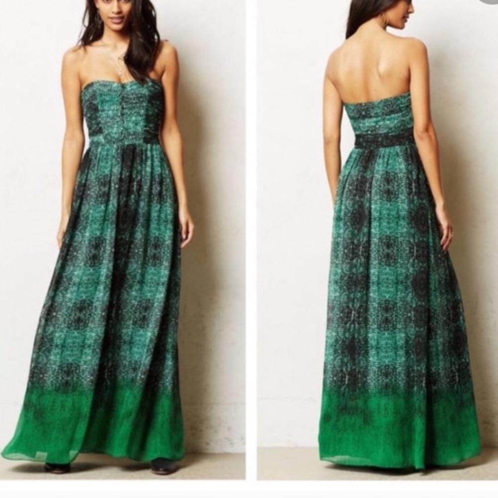 MOULINETTE SOEURS Green patterned Strapless Maxi Dress with Flutter Skirt